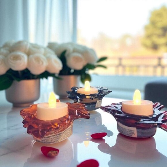 3 Fall Leaves Glass LED Tea Light Votive Candle Holders - Picture 2 of 6